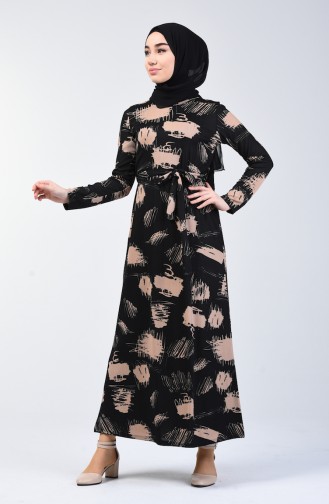 Patterned Belted Dress 1406 A-01 Black 1406A-01