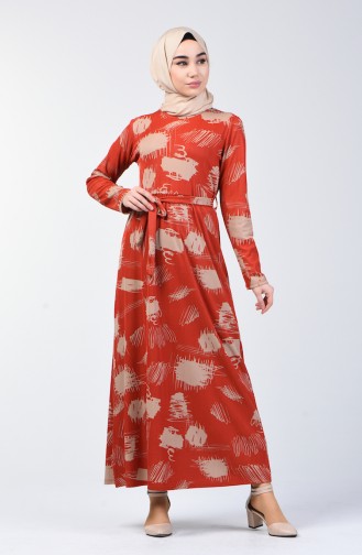 Patterned Belted Dress 1406 A-02 Brick Red 1406A-02