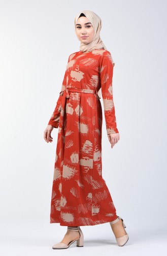 Patterned Belted Dress 1406 A-02 Brick Red 1406A-02