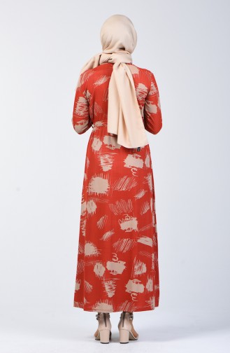 Patterned Belted Dress 1406 A-02 Brick Red 1406A-02