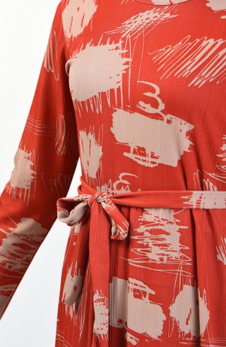 Patterned Belted Dress 1406 A-02 Brick Red 1406A-02