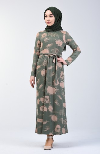Patterned Belted Dress 1406-03 Almond Green 1406A-03