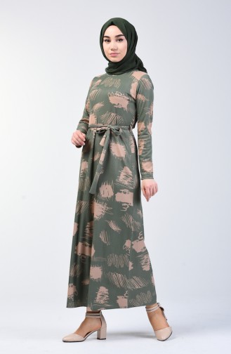 Patterned Belted Dress 1406-03 Almond Green 1406A-03