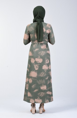 Desenli Kuşaklı Elbise 1406A-03 Çağla Yeşili