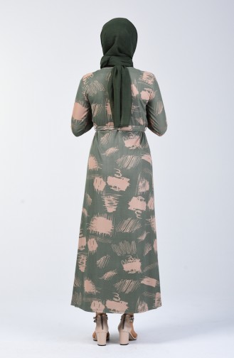 Patterned Belted Dress 1406-03 Almond Green 1406A-03