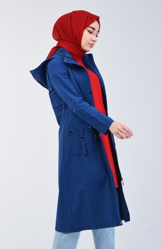 Trench Coat Taille Froncé à Capuche 6095-01 İndigo 6095-01