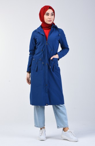 Waist Shirred Hooded Trench Coat 6095-01 Indigo 6095-01