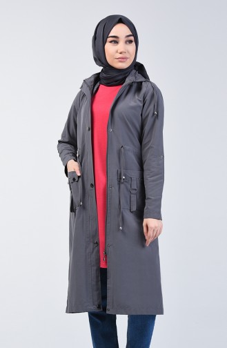 Trench Coat Taille Froncé à Capuche 6095-02 Gris 6095-02