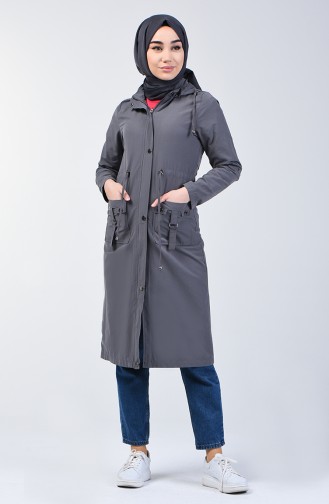Waist Shirred Hooded Trench Coat 6095-02 Grey 6095-02