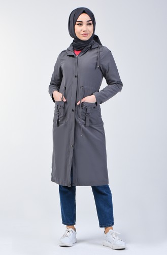 Trench Coat Taille Froncé à Capuche 6095-02 Gris 6095-02