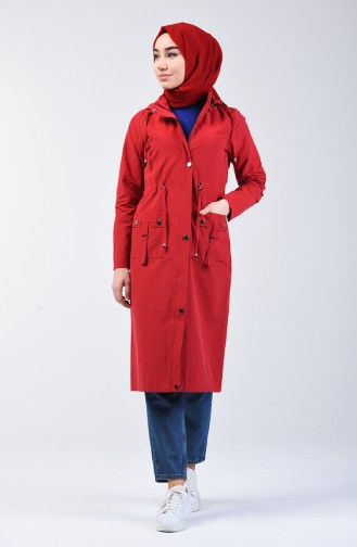 Trench Coat Taille Froncé à Capuche 6095-03 Bordeaux 6095-03