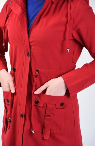 Waist Shirred Hooded Trench Coat 6095-03 Claret Red 6095-03
