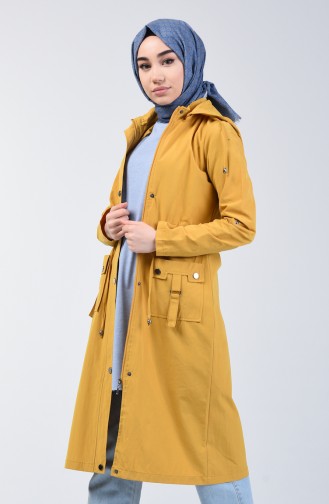 Shirred Waist Hooded Trench Coat 6095-06 Mustard 6095-06