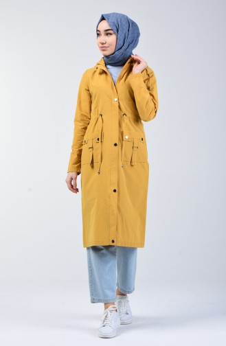 Shirred Waist Hooded Trench Coat 6095-06 Mustard 6095-06