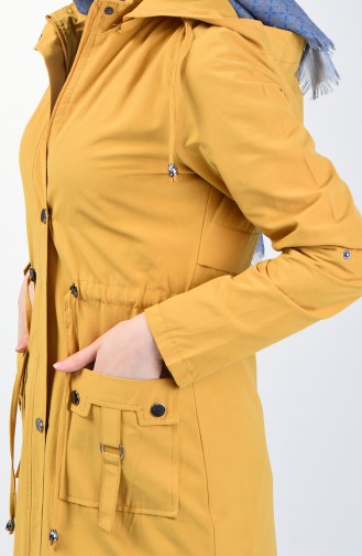 Trench Coat Taille Froncé à Capuche 6095-06 Moutarde 6095-06