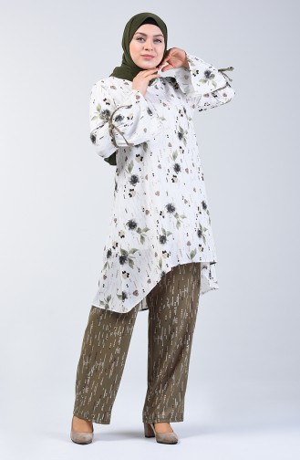 Big Size Patterned Tunic Trousers Double Suit White Khaki 7944A-01