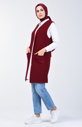 İnce Triko Cepli Yelek 4207-05 Bordo