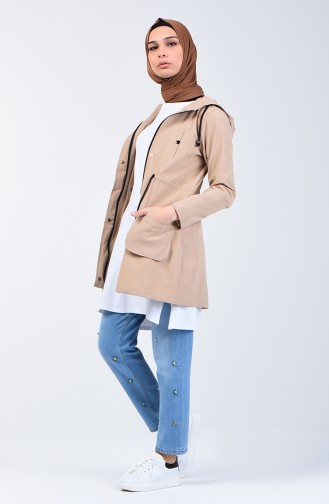 Trench Coat Court Taille Élastique 6079-01 Beige 6079-01