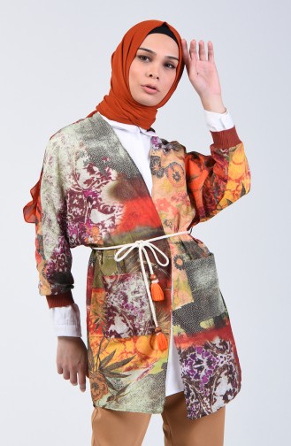 Bat Sleeve Patterned Coat 9y6950303-02 Orange 9Y6950303-02