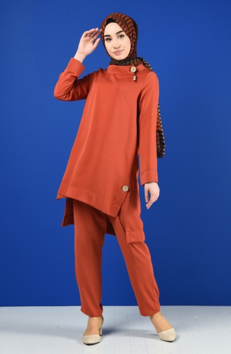 Broşlu Tunik Pantolon İkili Takım 6573-02 Kiremit