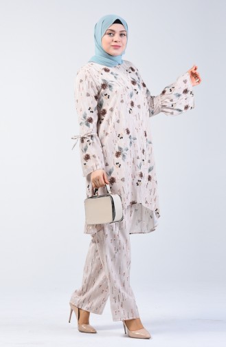 Big Size Patterned Tunic Trousers Double Suit Beige 7944-04