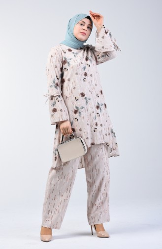 Big Size Patterned Tunic Trousers Double Suit Beige 7944-04