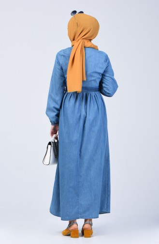Püskül Detaylı Kot Elbise 7063-01 Kot Mavi