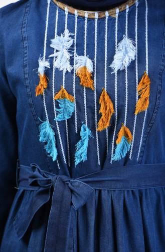 Robe Jean à Détail Franges 7063-02 Bleu Marine 7063-02