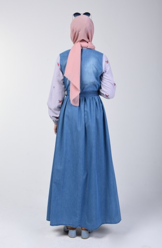 Nakışlı Garnili Kot Elbise 7080-01 Kot Mavi Pudra