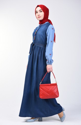 Embroidered Garnished Denim Dress 7080-02 Navy Blue 7080-02