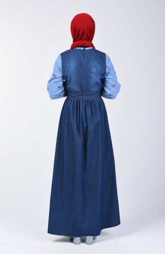 Embroidered Garnished Denim Dress 7080-02 Navy Blue 7080-02