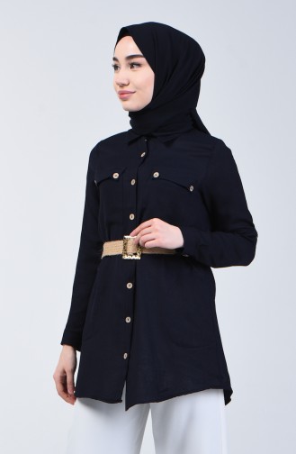 Belted Tunic with Pockets 1632-07 Navy Blue 1632-07