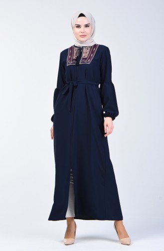 Embroidered Belted Abaya 5045-03 Navy Blue 5045-03