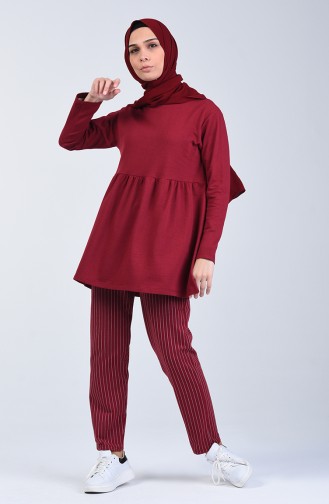 Two-Thread Striped Tunic Trousers Double Set 2007-02 Claret Red 2007-02