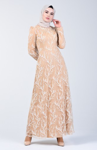 Sequin Embroidered Lined Evening Dress 7265-01 Powder 7265-01