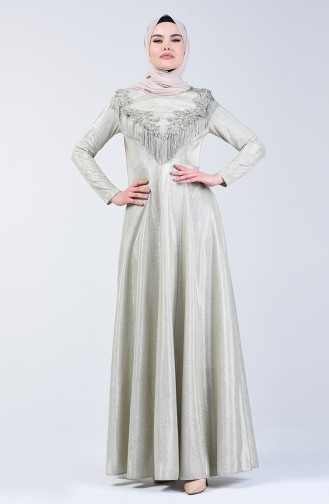 Tasseled Silvery Evening Dress 3065-03 Beige 3065-03