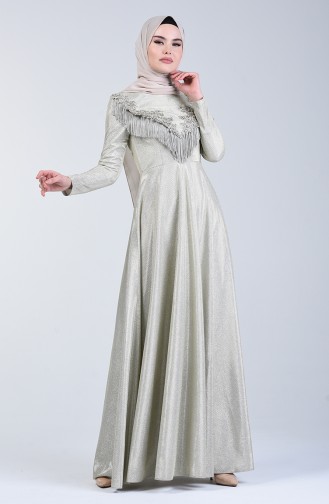 Tasseled Silvery Evening Dress 3065-03 Beige 3065-03