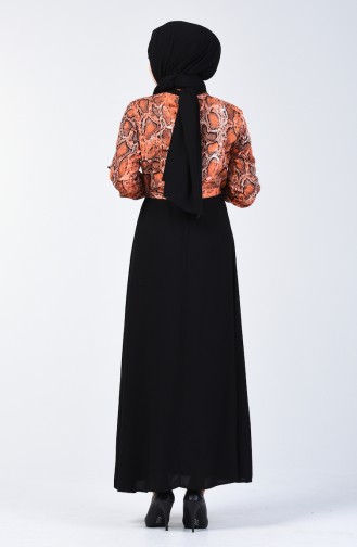 Garnili Kuşaklı Elbise 9015-02 Siyah Kiremit