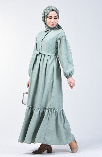 Shirred Linen Dress 7096-02   Almond Green 7096-02