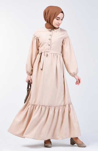 Shirred Linen Dress 7096-03 Beige 7096-03