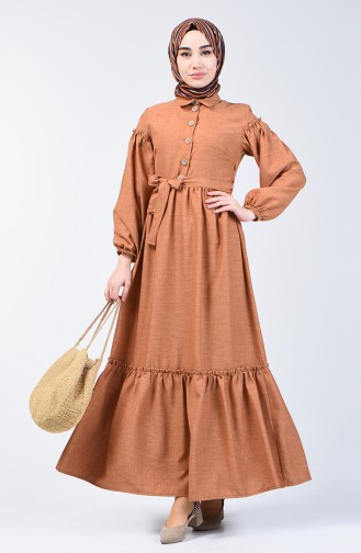 Shirred Linen Dress 7096-04 Milky Coffee 7096-04