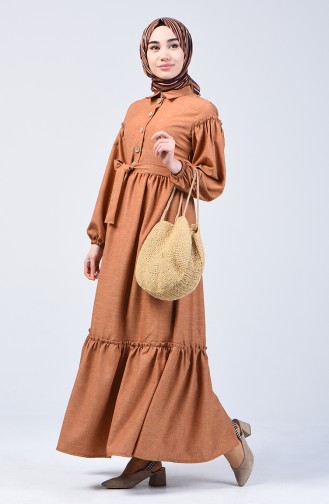 Shirred Linen Dress 7096-04 Milky Coffee 7096-04