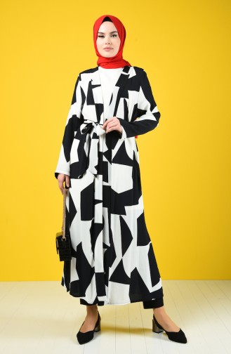Patterned Belted Kimono 8134-01 Black White 8134-01