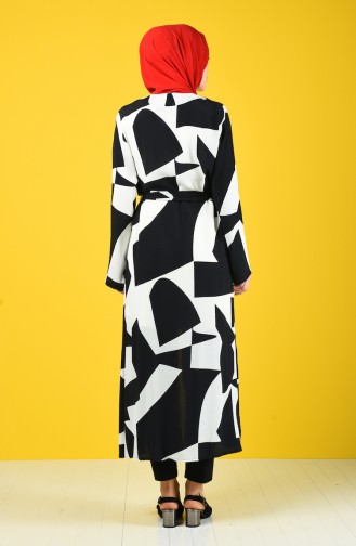 Kimono à Motifs Avec Ceinture 8134-01 Noir Blanc 8134-01