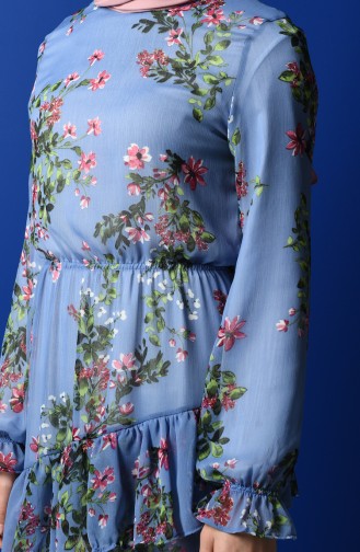 Çiçek Desenli Şifon Elbise 8221-02 Mavi