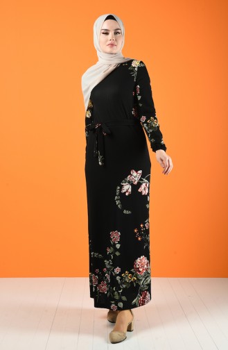 Patterned Belted Dress Black 0364-01