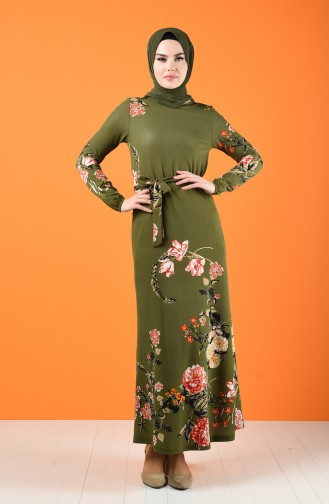 Patterned Belted Dress Khaki 0364-02