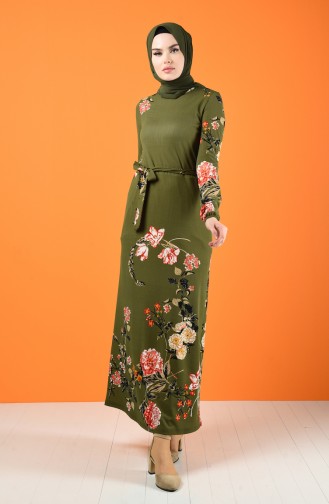Patterned Belted Dress Khaki 0364-02