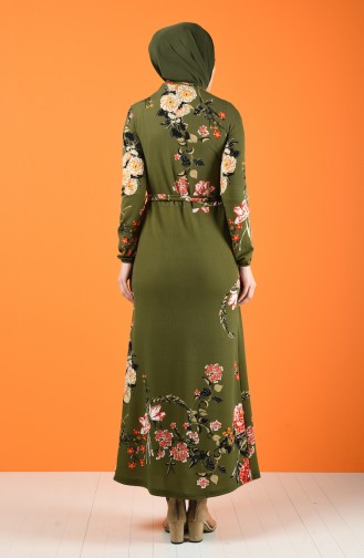 Patterned Belted Dress Khaki 0364-02