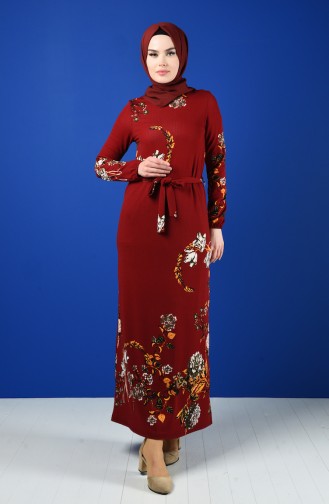 Patterned Belted Dress Bordeaux 0364-03